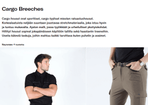 Ote urheiluvaatteiden tuotekuvausten käännöksestä