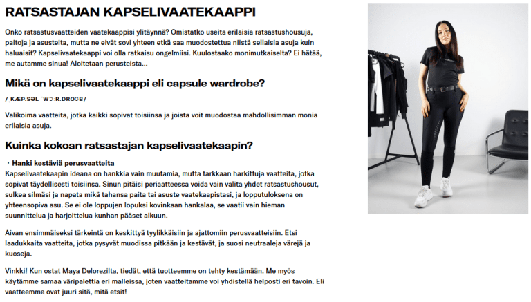 Ote vaatemerkin verkkosivulle tehdyistä artikkelien käännöksistä