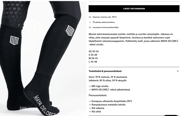 Ote tuotetekstien käännöksestä urheiluvaatemerkille